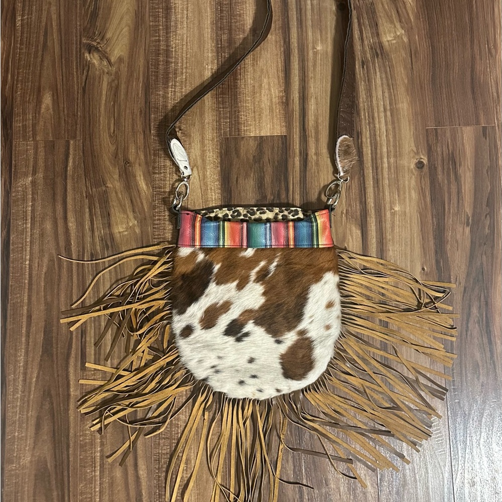 Fringed Cowhide Crossbody Bag with Serape Trim